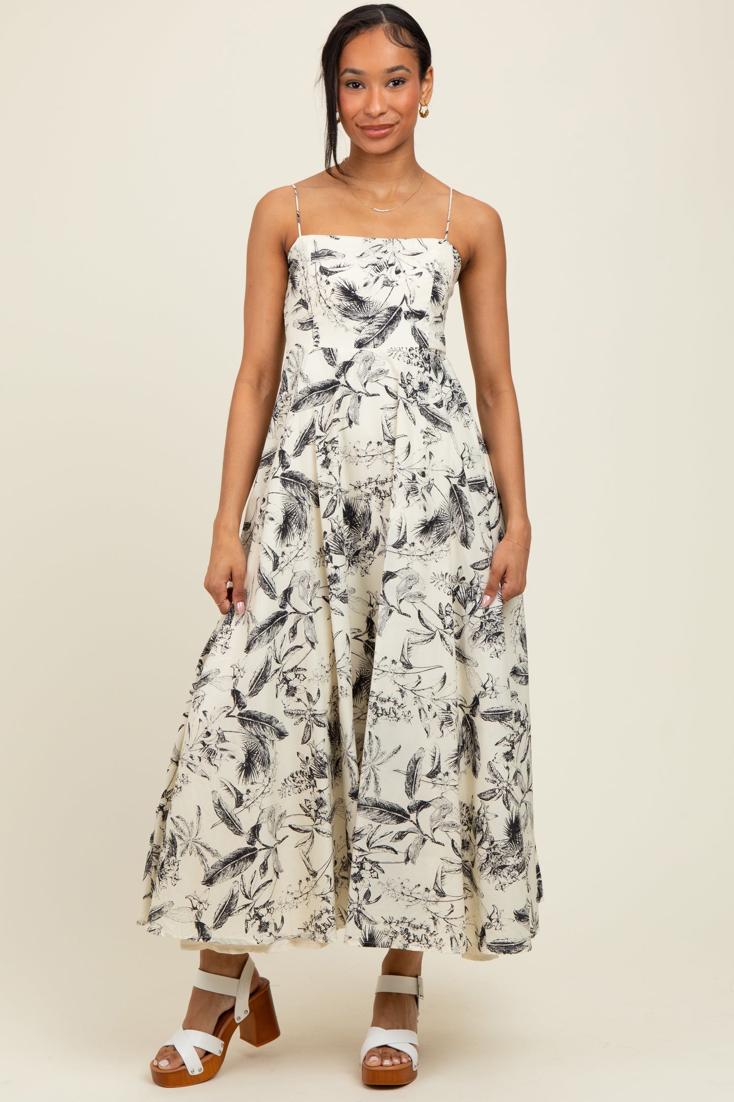Cream Spaghetti Strap Printed A-Line Maternity Midi Dress
