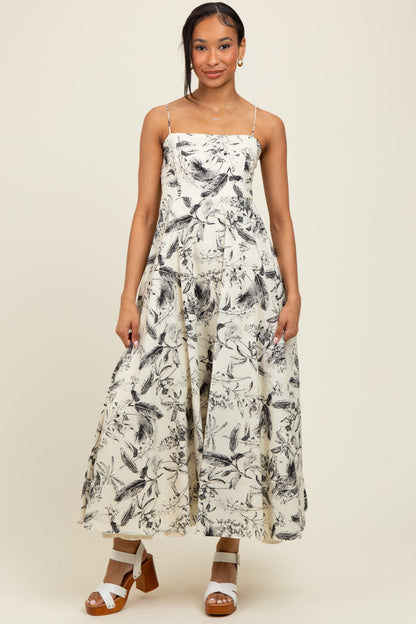 Cream Spaghetti Strap Printed A-Line Maternity Midi Dress