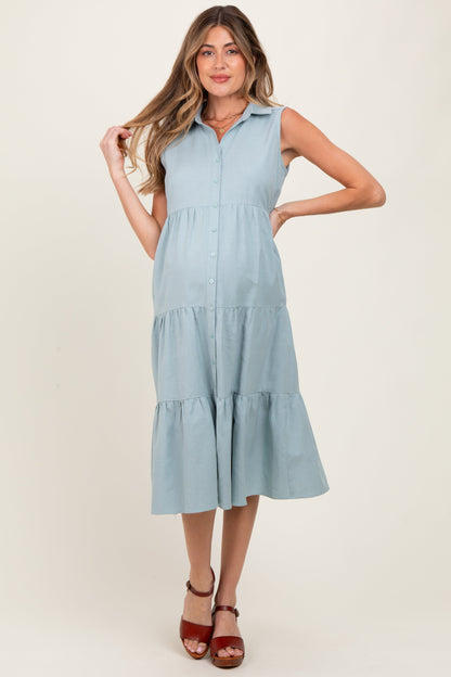 Light Olive Tiered Sleeveless Maternity Midi Shirt Dress