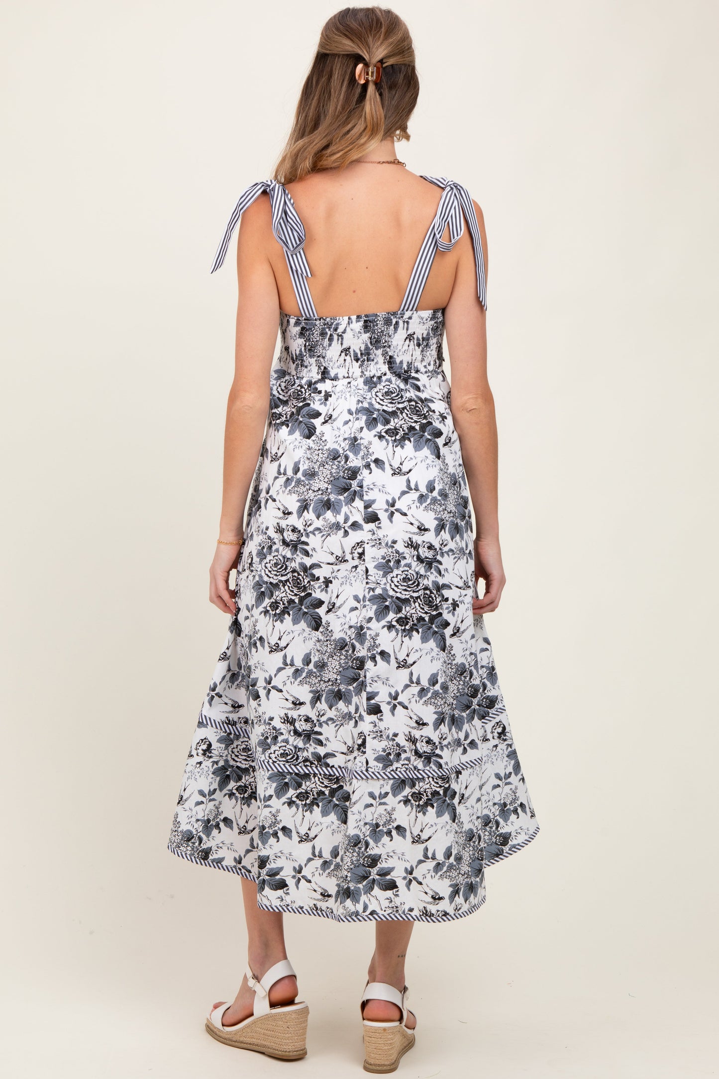 Black Floral Shoulder Tie Striped Trim Maternity Midi Dress