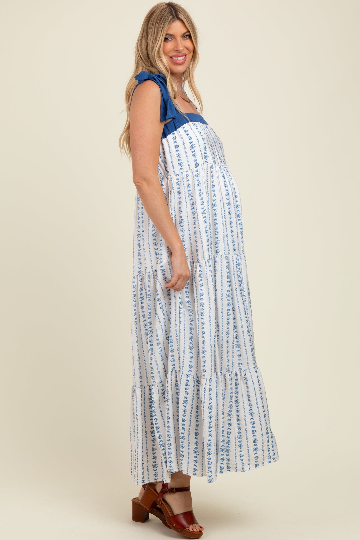 Blue/White Ditzy Floral Sleeveless Tiered Maternity Maxi Dress