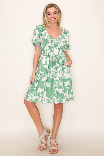 Light Olive Floral Smocked Puff Sleeve Maternity Dress
