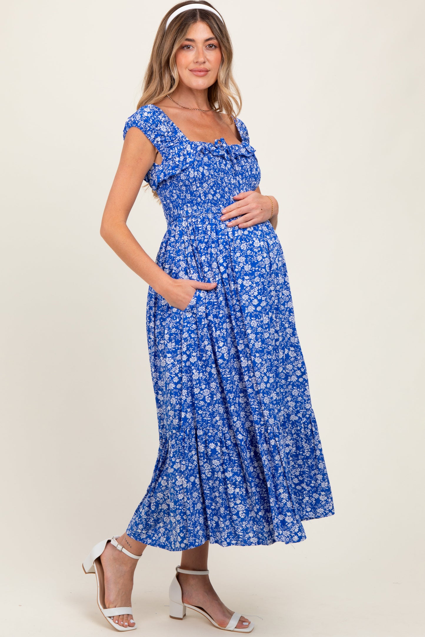 Royal Blue Floral Smocked Ruffle Detail Maternity Midi Dress