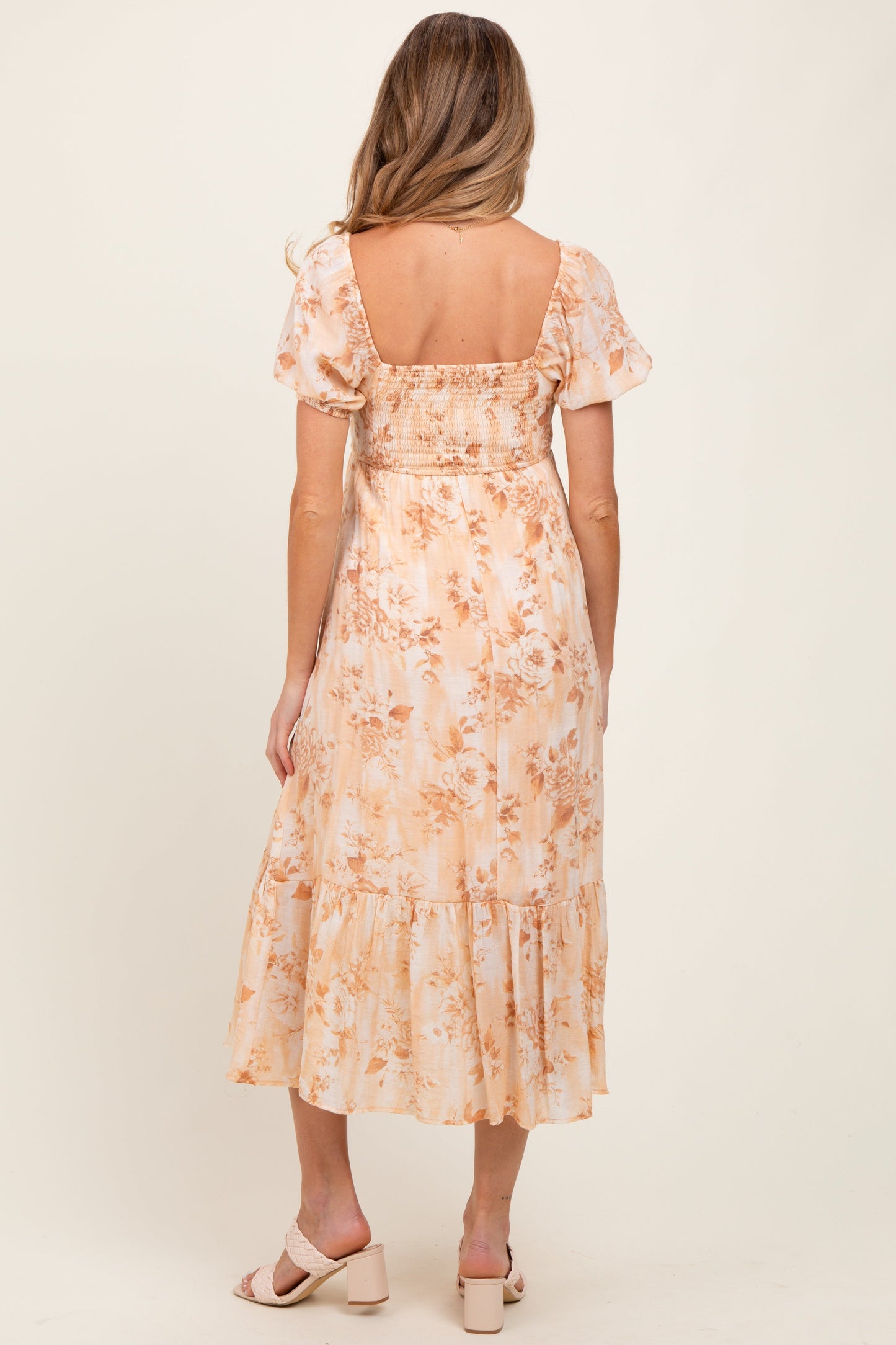 Peach Floral Pleated Bust Puff Sleeve Maternity Midi Dress