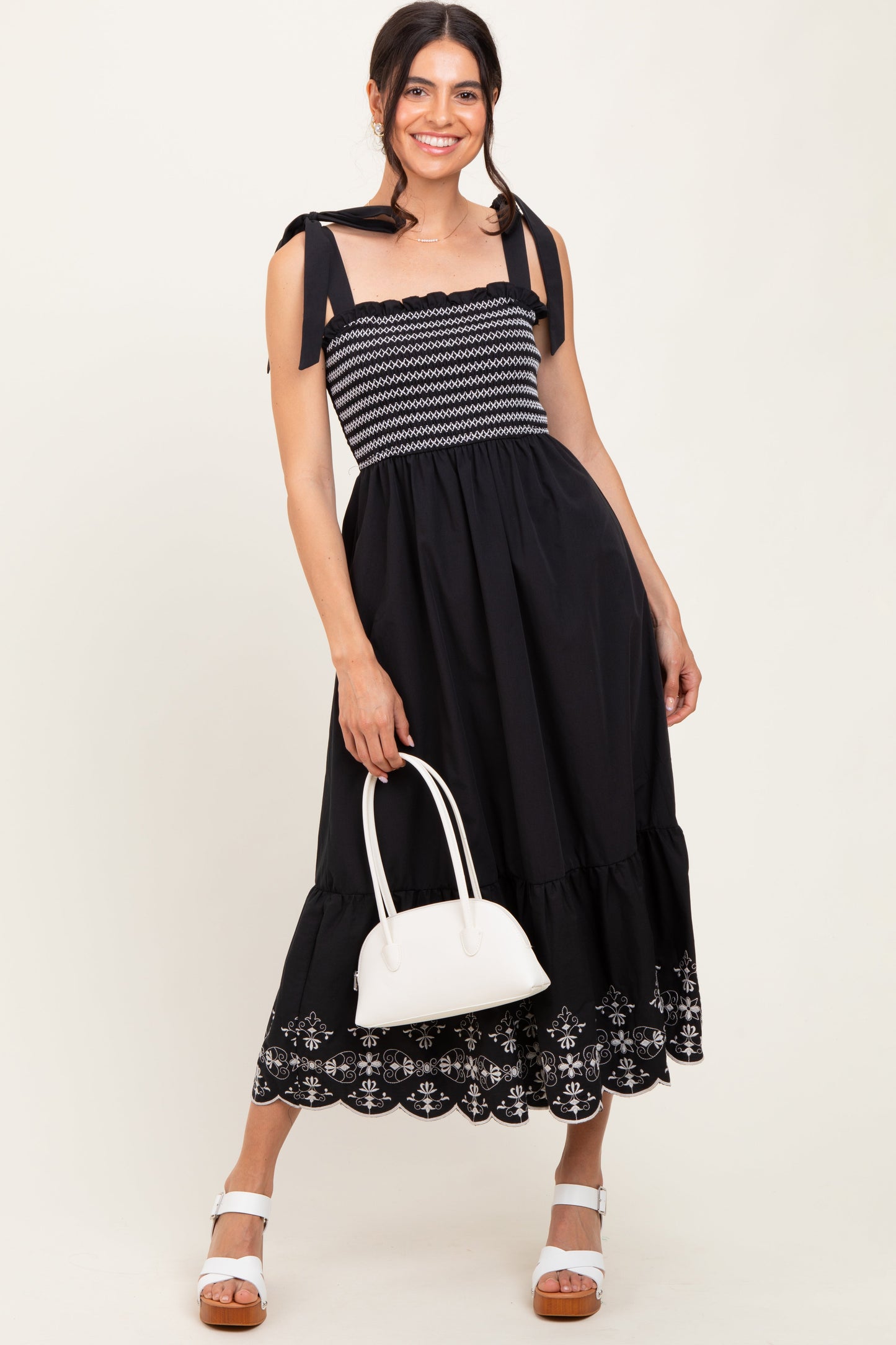Black Smocked Embroidered Shoulder Tie Maternity Midi Dress