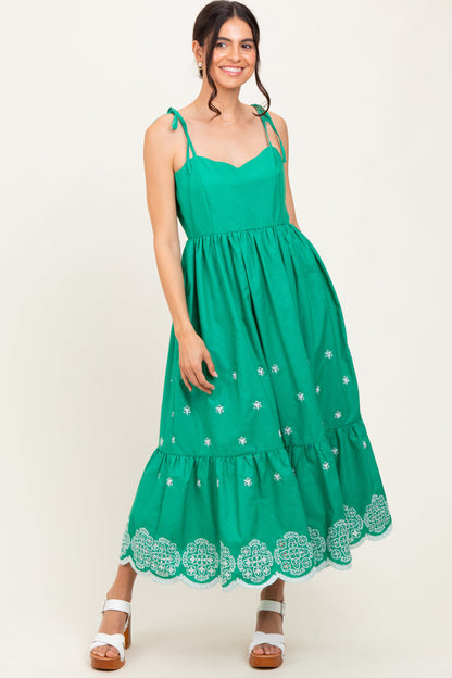 Green Embroidered Shoulder Tie Maternity Midi Dress
