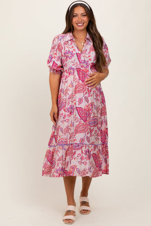 Pink Paisley Collared Ruffle Hem Maternity Midi Dress
