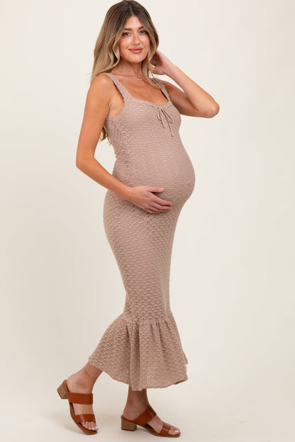 Light Taupe Crochet Knit Front Tie Maternity Midi Dress