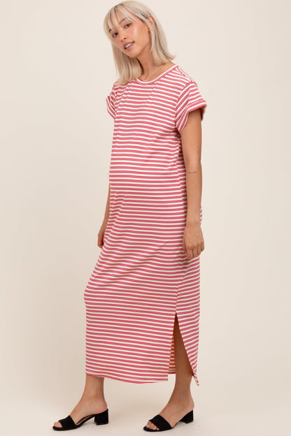 Red Striped Maternity Midi T-Shirt Dress