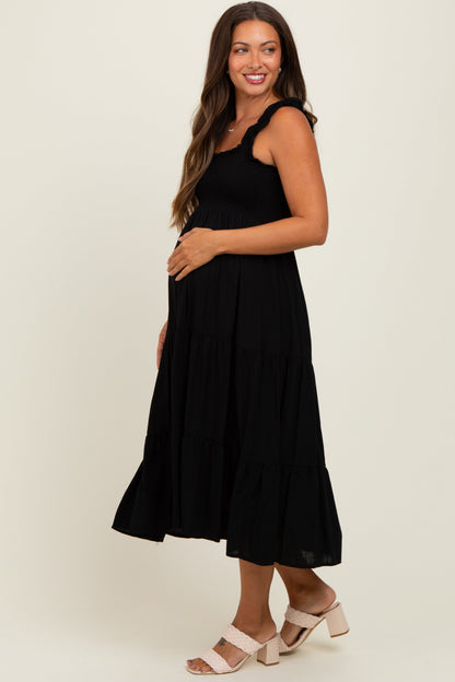 Black Smocked Ruffle Strap Tiered Maternity Midi Dress