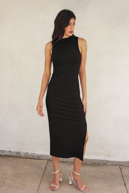 Black Mock Neck Side Slit Maternity Midi Dress