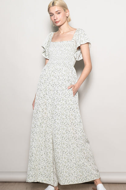Ivory Floral Smocked Lace Trim Wide Leg Maternity Jumpsuit