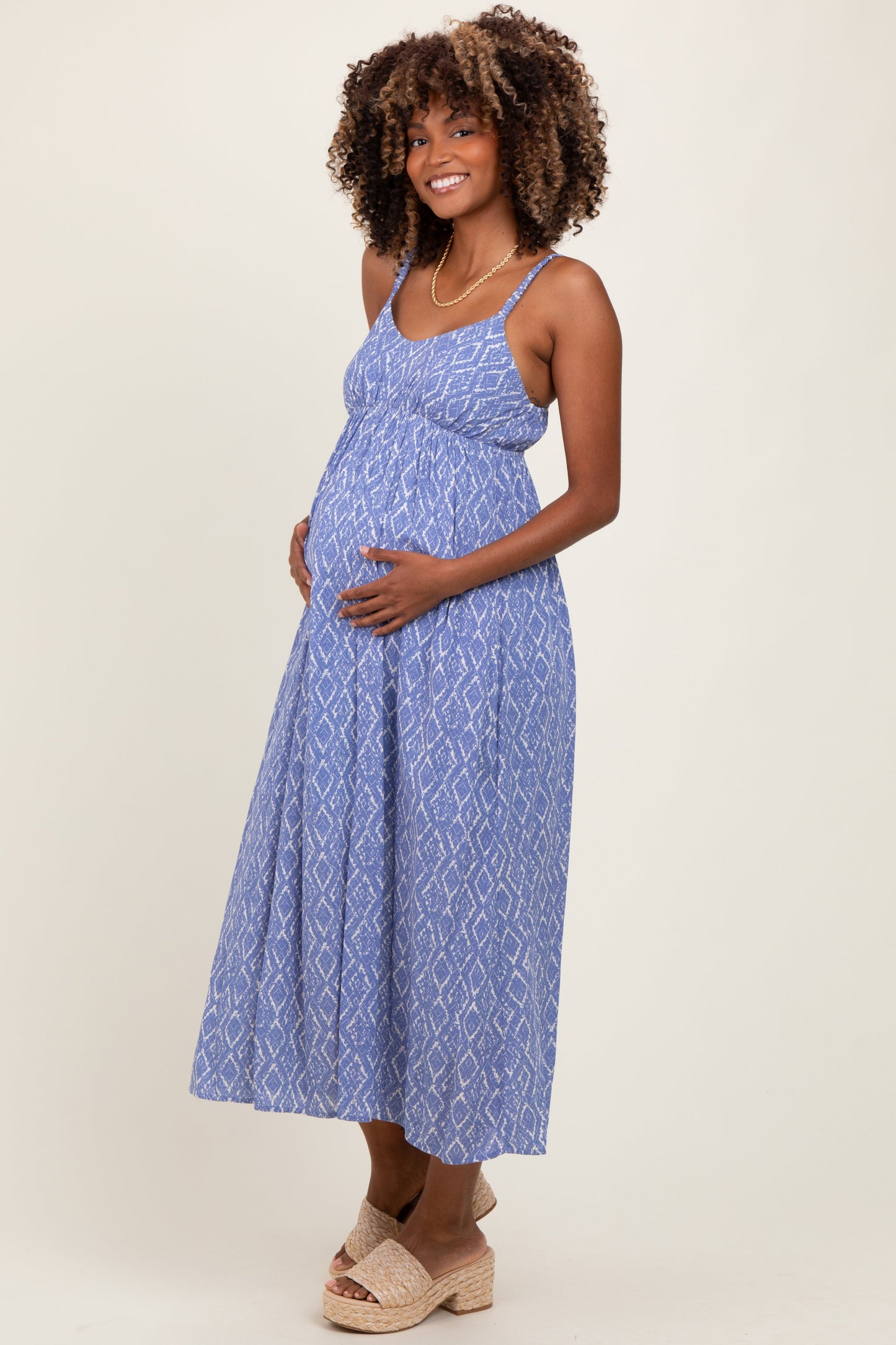 Blue Printed Sleeveless Maternity Midi Dress
