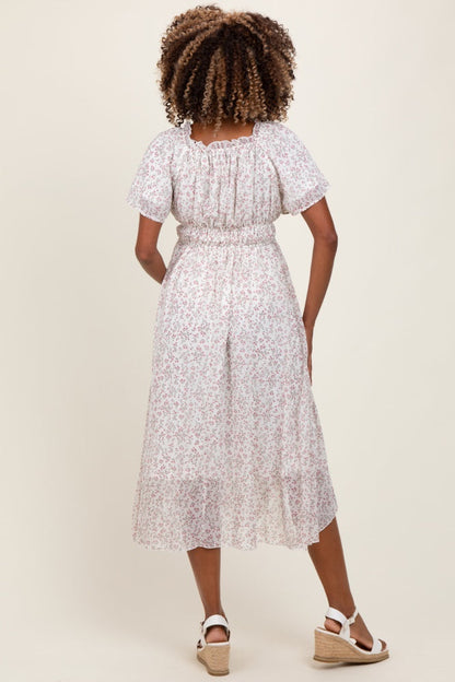 Ivory Floral Square Neck Front Tie Maternity Midi Dress