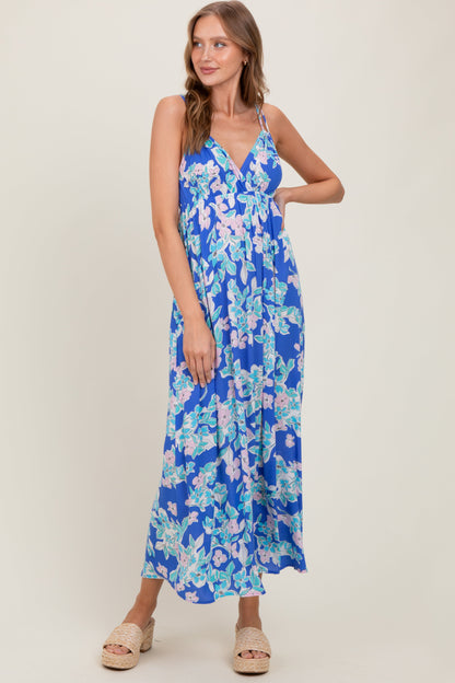 Blue Floral V-Neck Double Strap Maternity Maxi Dress