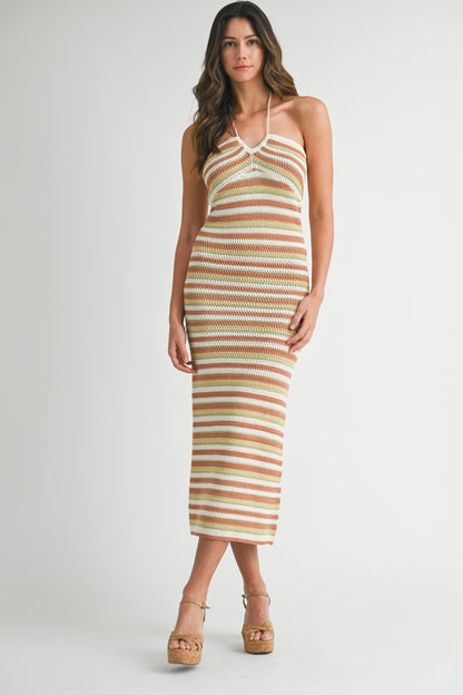 Light Olive Striped Halter Crochet Knit Maternity Midi Dress