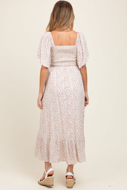 Cream Multi Ditsy Floral Smocked Maternity Midi Dress