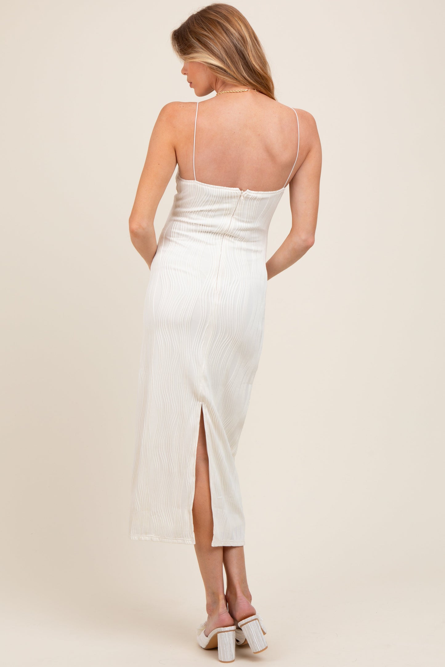 Ivory Textured Sleeveless Fitted Maternity Midi Dress