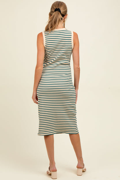 Deep Teal Striped Ribbed Knit Sleeveless Maternity Midi Dress