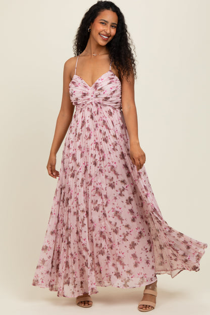 Light Pink Floral Pleated Chiffon Cutout Tie Back Maternity Maxi Dress