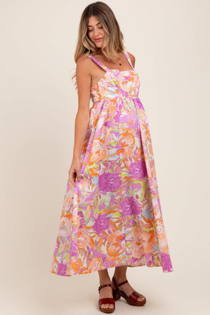 Pink Floral Cutout Tie Back Maternity Maxi Dress