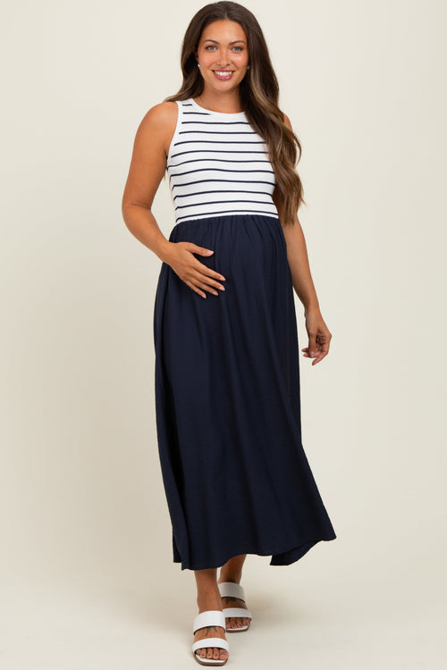 Ivory Contrast Striped Knit Sleeveless Maternity Midi Dress