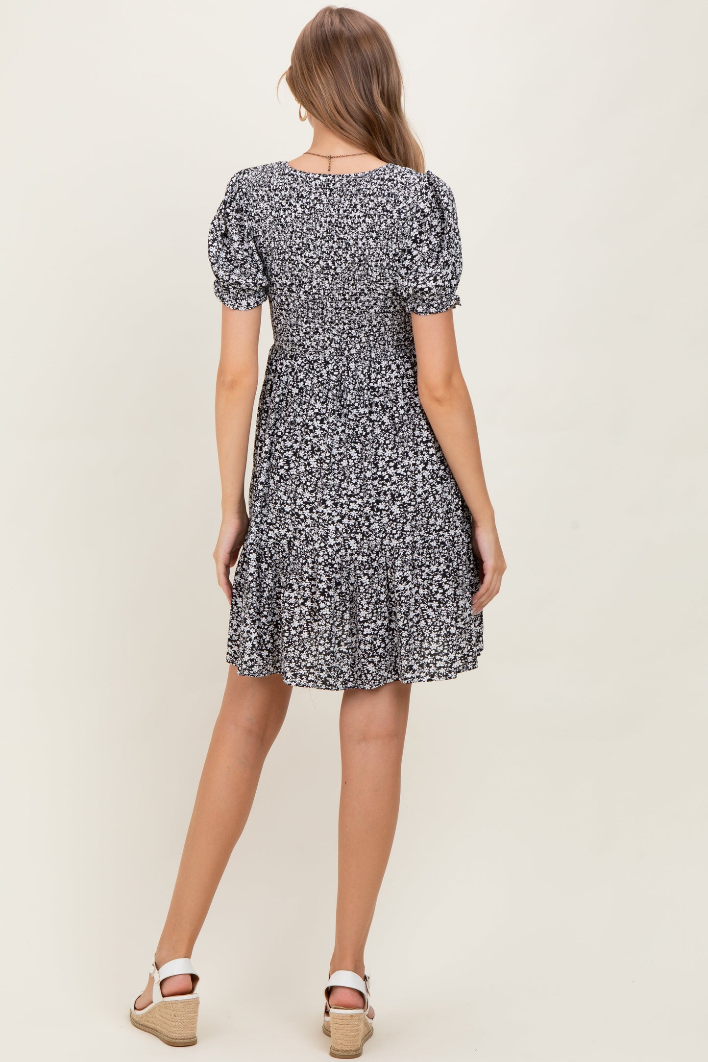 Black Floral Puff Sleeve Smocked Maternity Dress