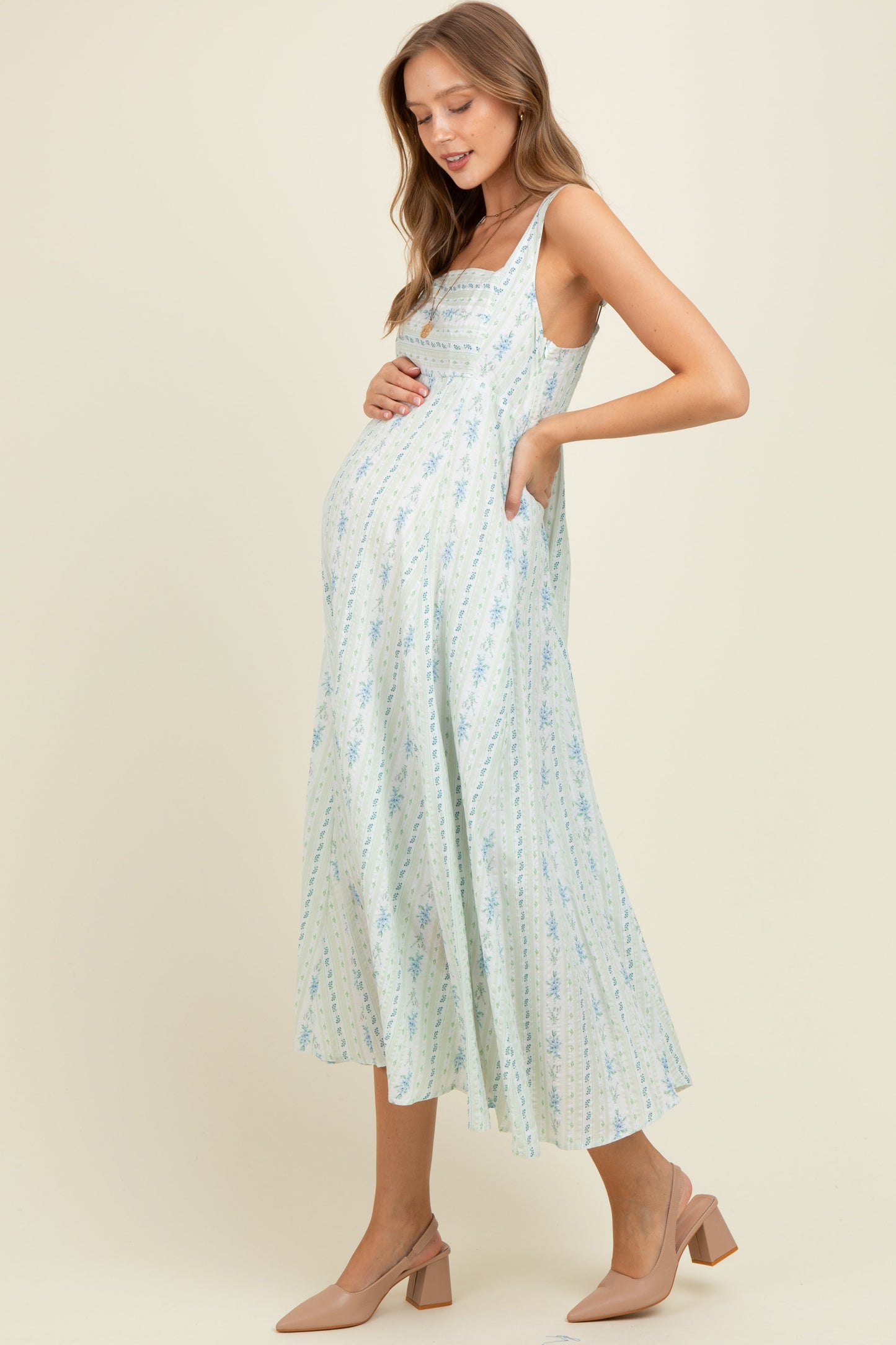 Light Blue Cotton Floral Square Neck Sleeveless Maternity Maxi Dress