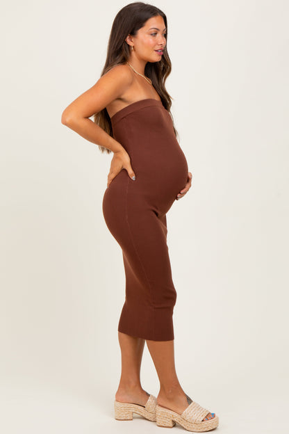 Brown Fitted Tube Knit Maternity Midi Dress