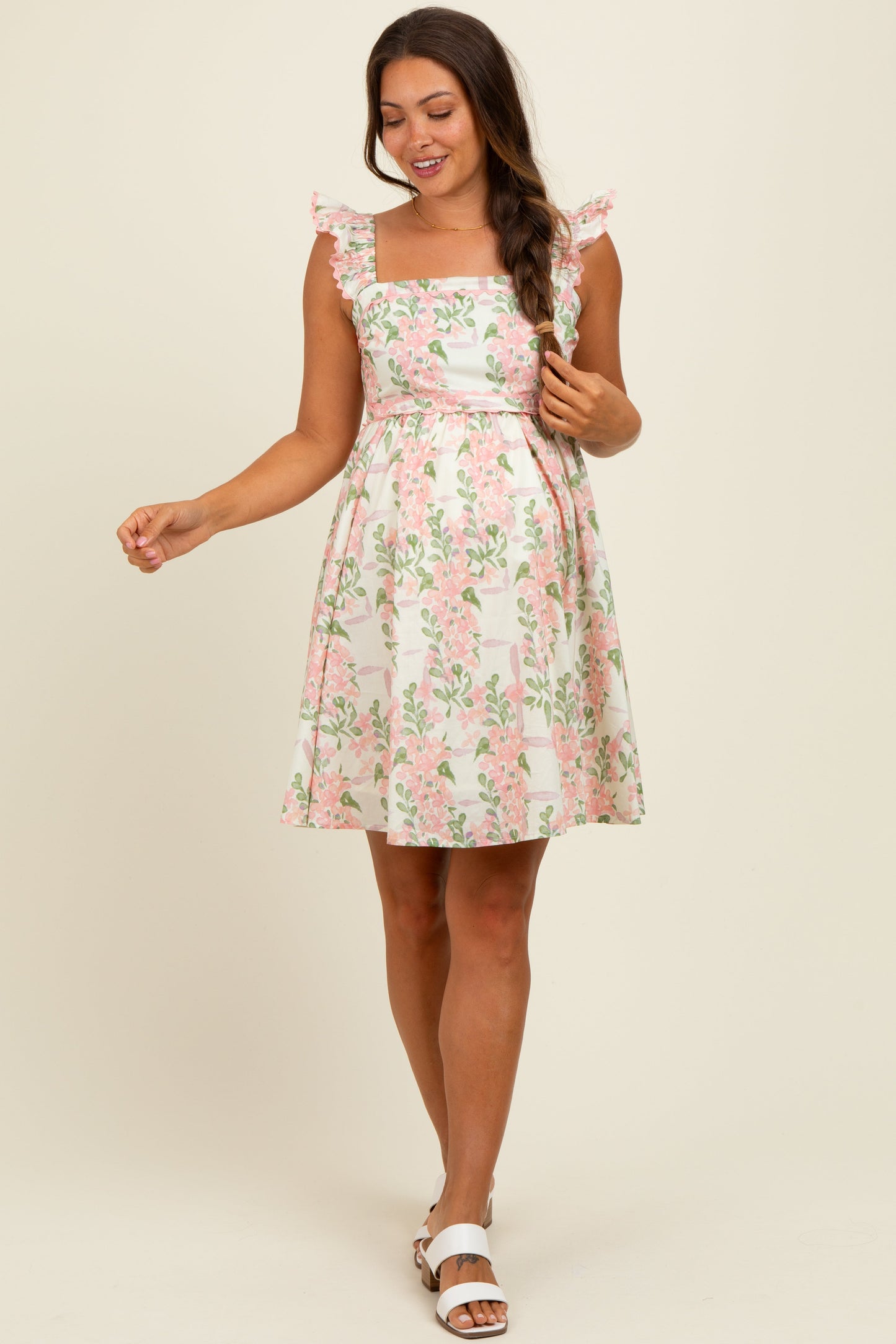 Pink Floral Print Smocked Back Maternity Dress