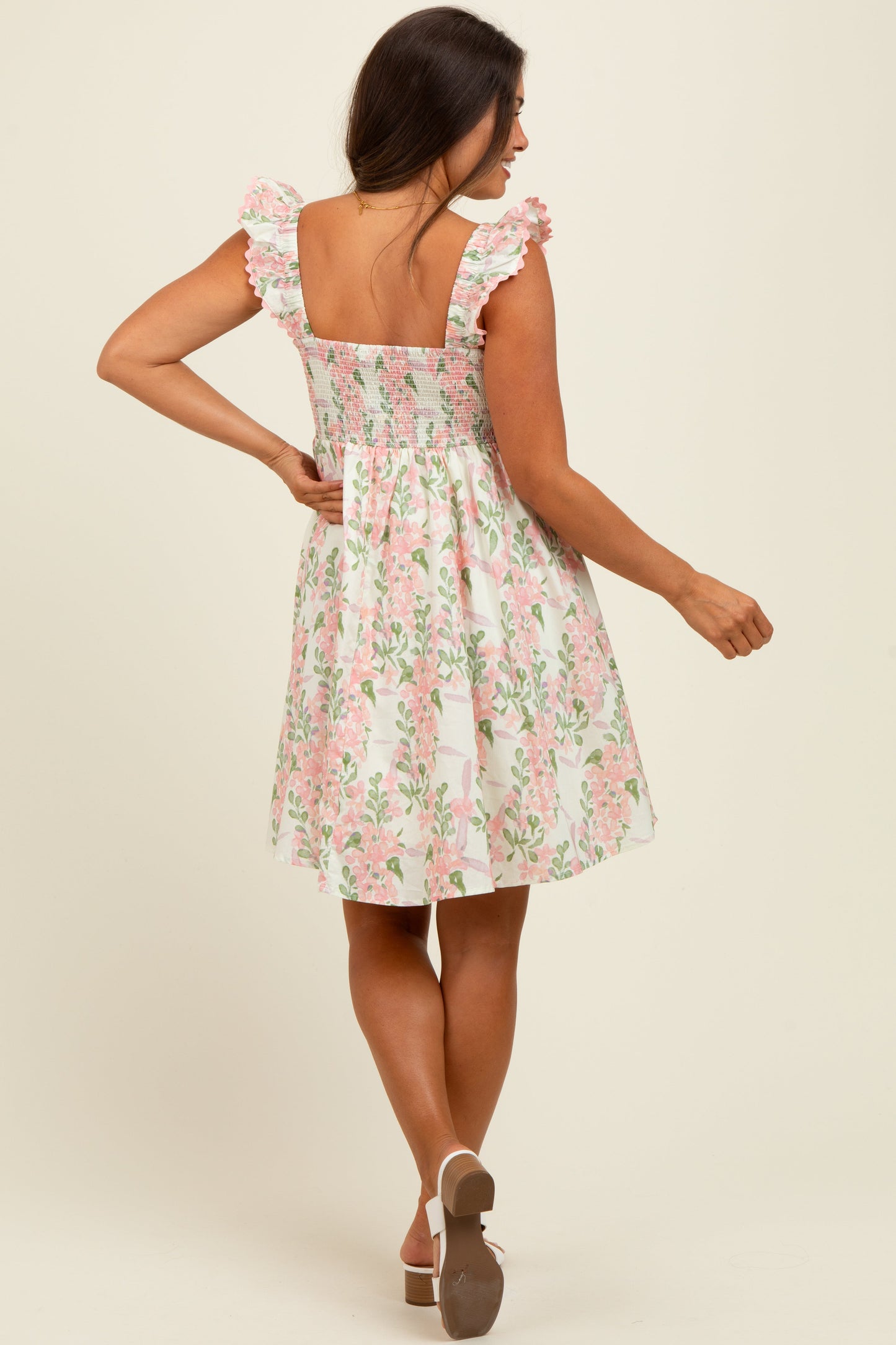 Pink Floral Print Smocked Back Maternity Dress
