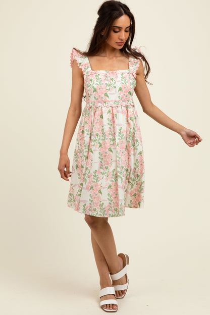 Pink Floral Print Smocked Back Maternity Dress