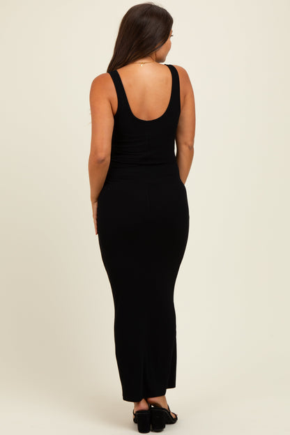 Black Scoop Neck Sleeveless Rayon Rib Maternity Maxi Knit Dress