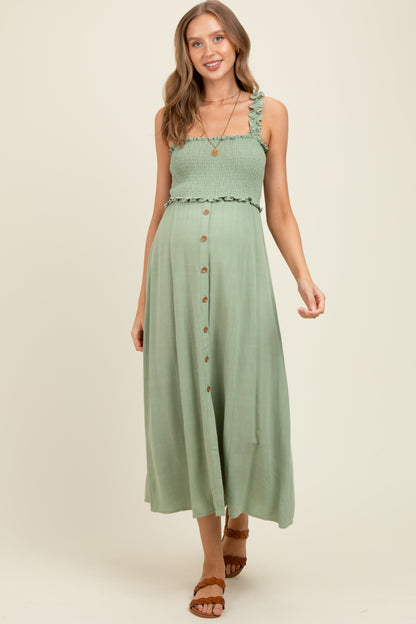 Sage Smocked Button Front Linen Blend Maternity Midi Dress