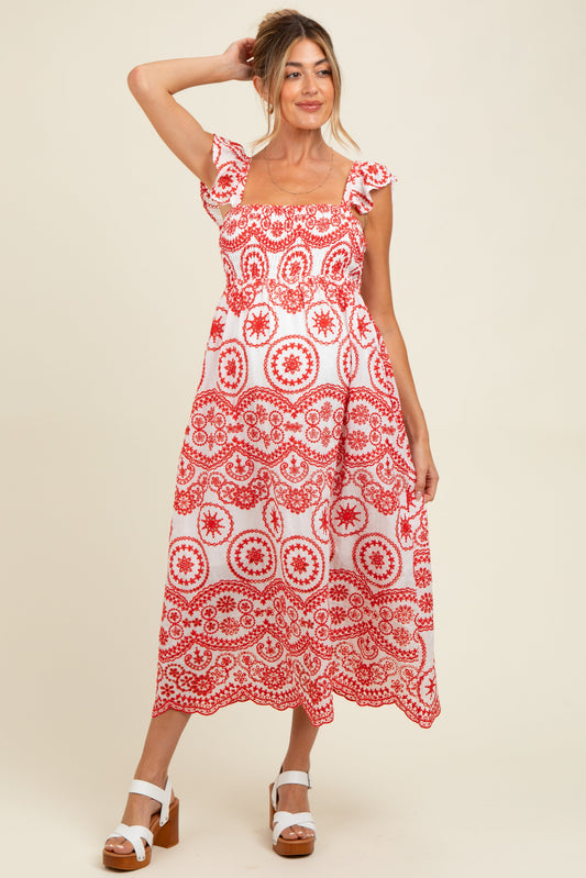 Red Embroidered Smocked Cutout Maternity Midi Dress
