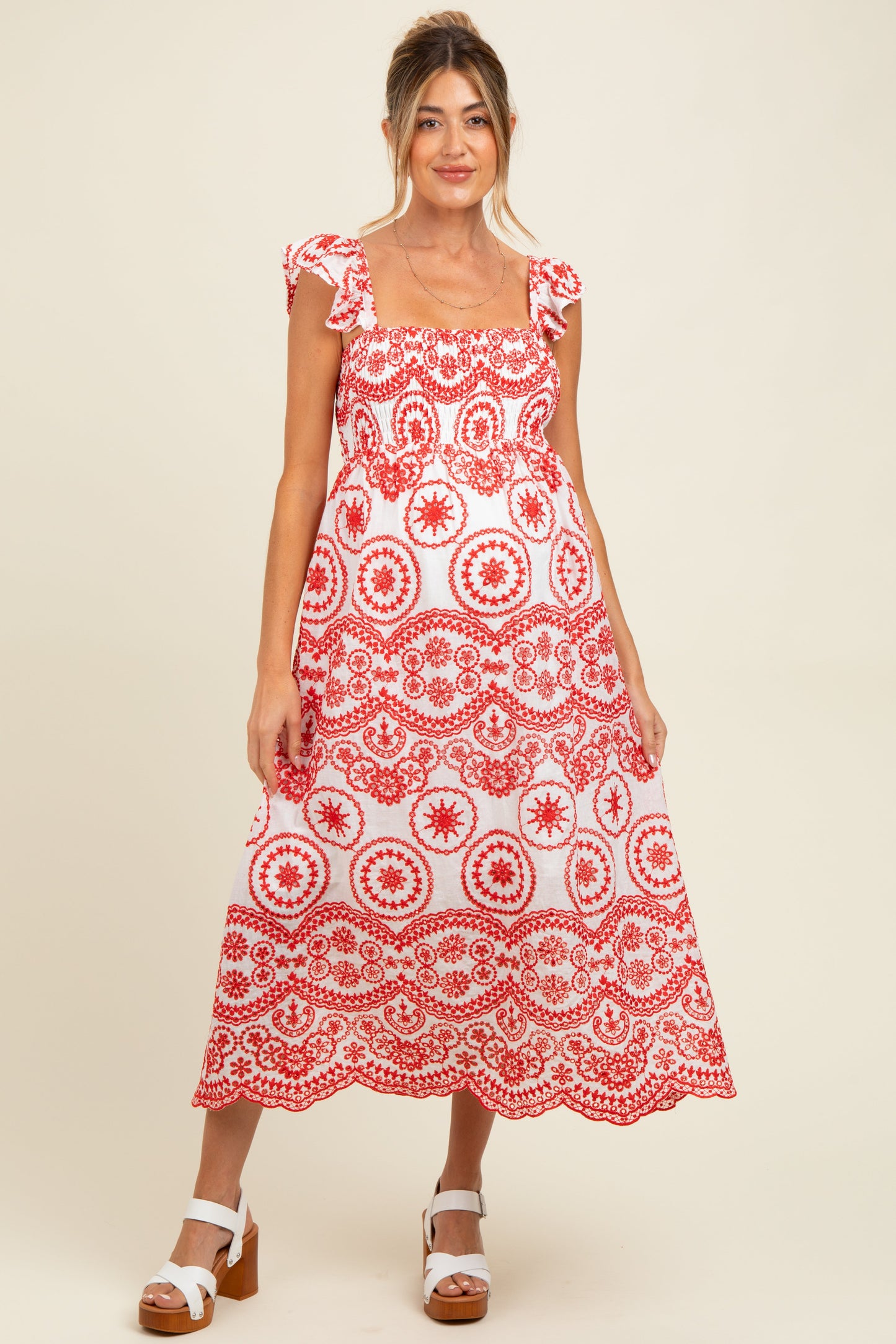 Red Embroidered Smocked Cutout Maternity Midi Dress