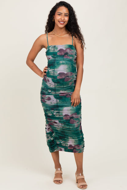 Forest Green Floral Mesh Ruched Sleeveless Maternity Midi Dress