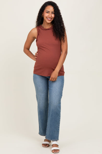 Dark Rust Rib Knit Ruffle Trim Sleeveless Maternity Top