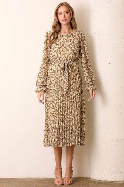 Cream Floral Chiffon Long Sleeve Pleated Maternity Midi Dress