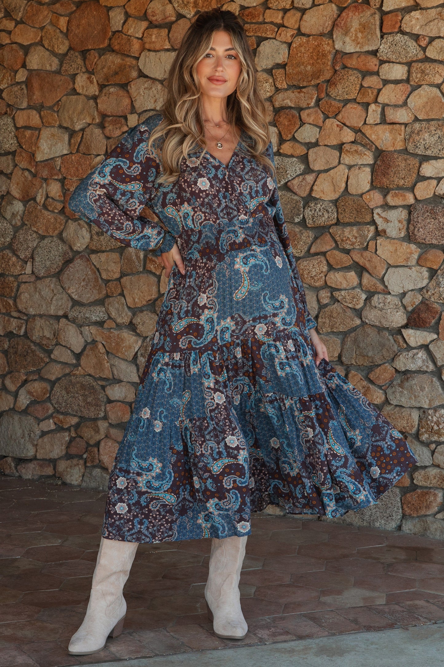 Teal Paisley Print Smocked Waist Tiered Maternity Midi Dress