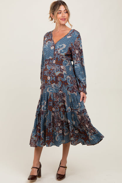 Teal Paisley Print Smocked Waist Tiered Maternity Midi Dress