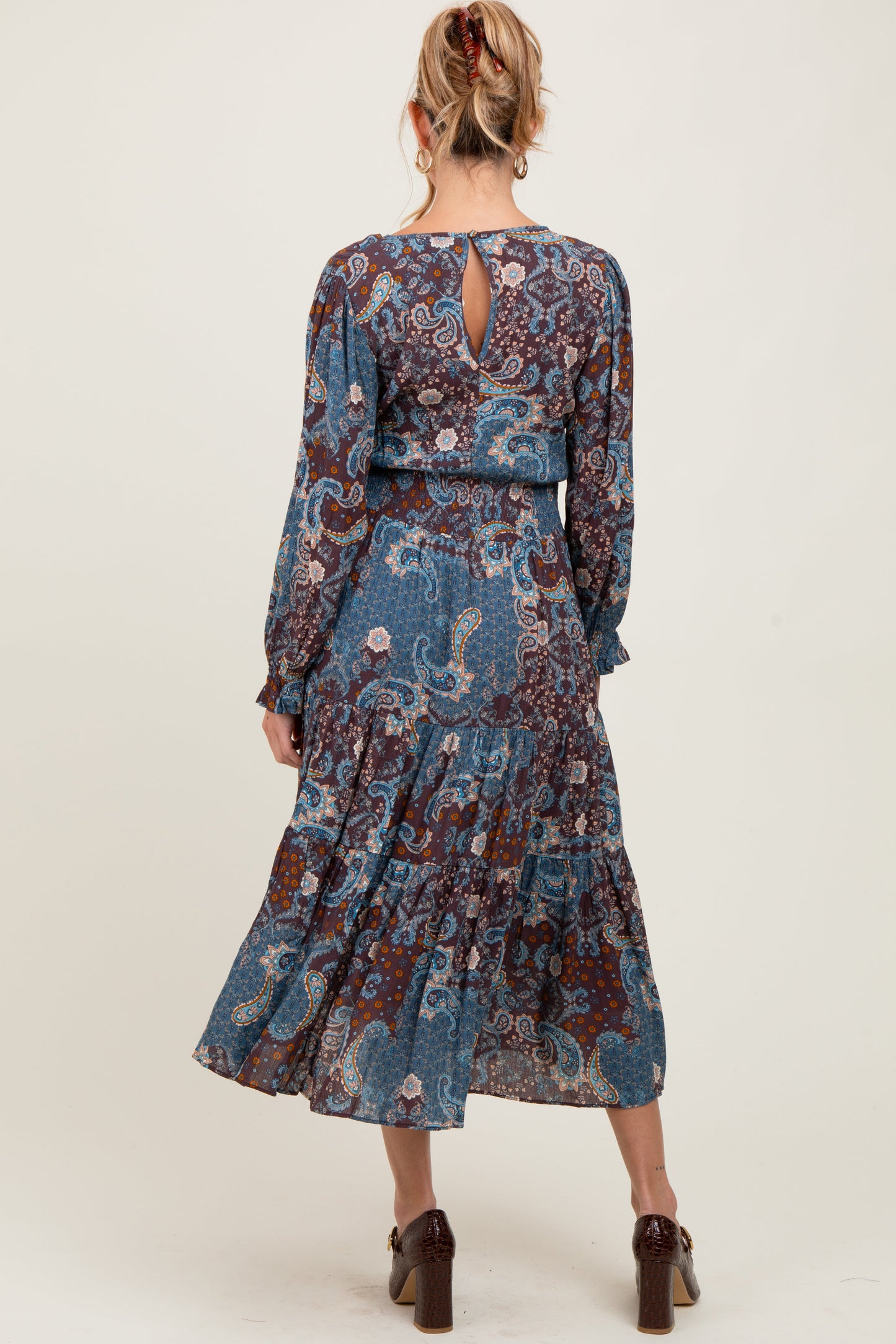 Teal Paisley Print Smocked Waist Tiered Maternity Midi Dress