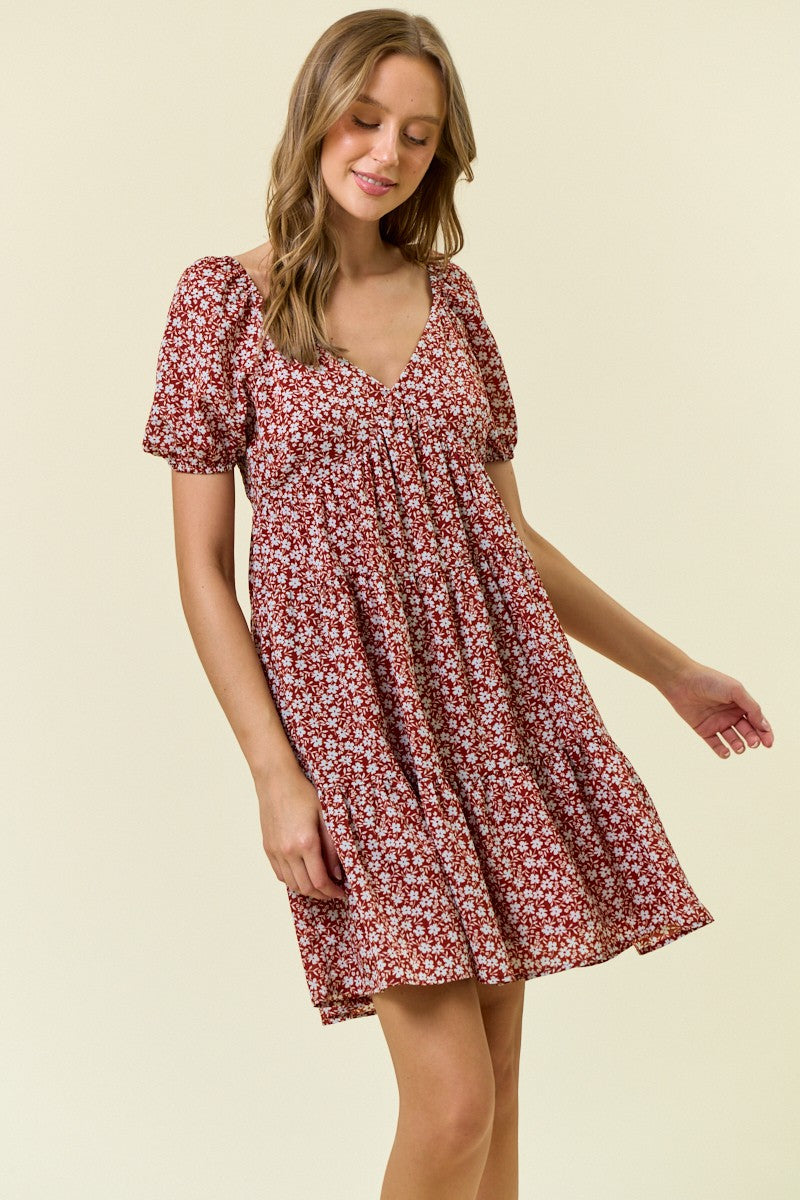 Rust Floral Tiered V-Neck Maternity Mini Dress