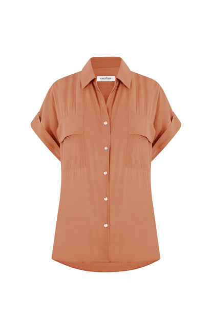 Vittoria Short Sleeve Collared V-Neck Shirt Coffee