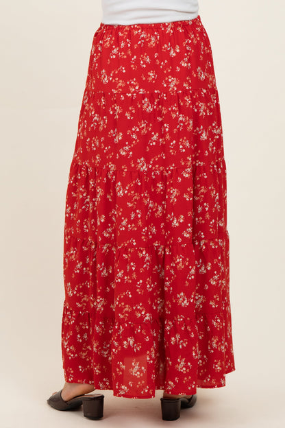Red Floral Tiered Maternity Maxi Skirt