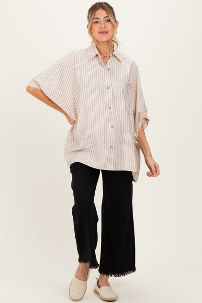 Cream/Black Striped Short Sleeve Collared Button Down Maternity Blouse