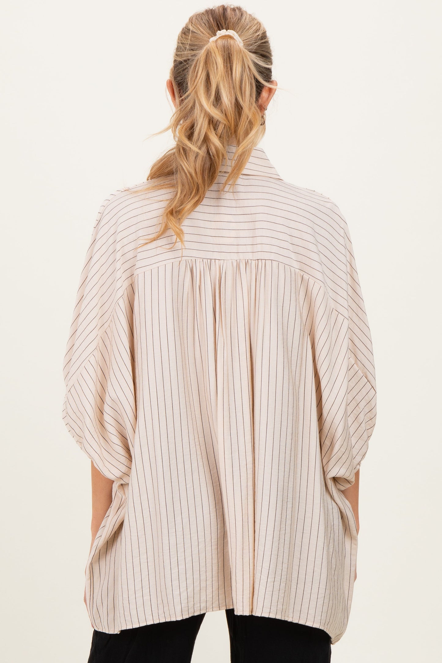 Cream/Black Striped Short Sleeve Collared Button Down Maternity Blouse