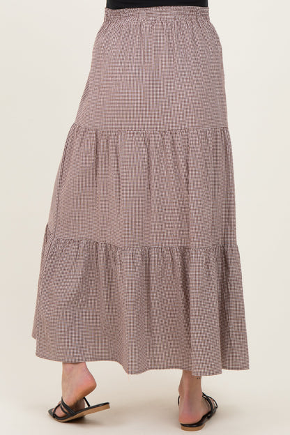 Brown Gingham Tiered Maternity Maxi Skirt