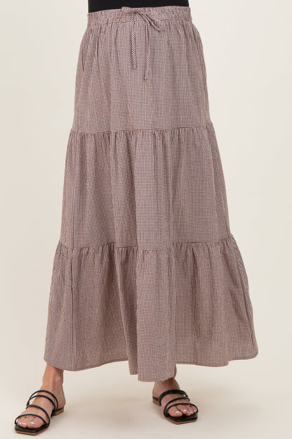 Brown Gingham Tiered Maternity Maxi Skirt