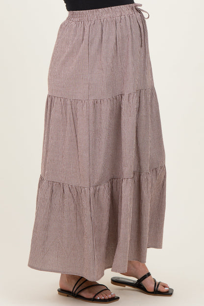 Brown Gingham Tiered Maternity Maxi Skirt